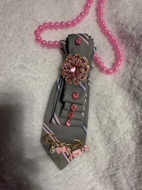 Pink Gem & Gray Ribbon Necklace Brooch Accessory